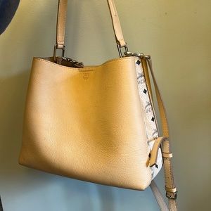 MCM Sarah visetos trimmed leather hobo purse color cream